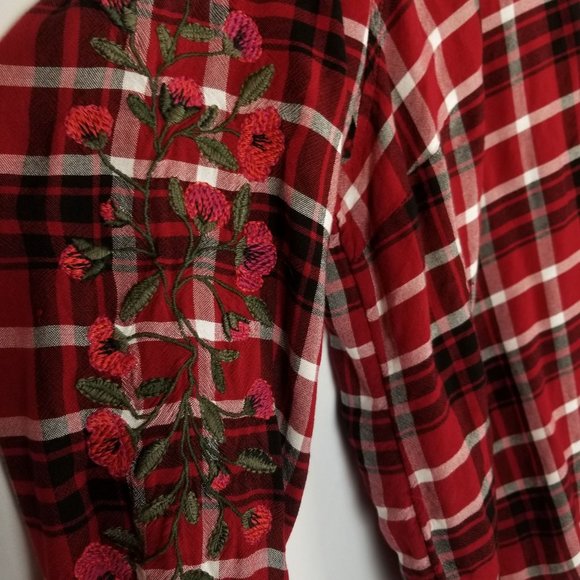 TIME AND TRU Embroidered Plaid Shirt Top Long Sleeve Button Up Women's size XXL - Picture 2 of 4